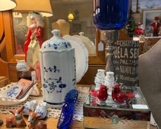 blue and white glassware and salt and pepper shakers