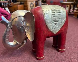 Vintage Handmade Native Indian wooden elephant statue with red paint and silver tone metal embellishments