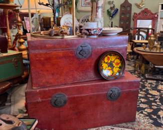 Chinese Antique Trunks with original hand-stitched leather circa 1850 -1870