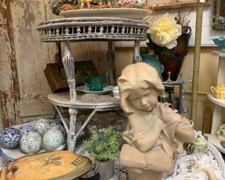 vintage 2 tiered white wicker table, decorative items