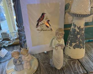 bird print, angel, candlestick