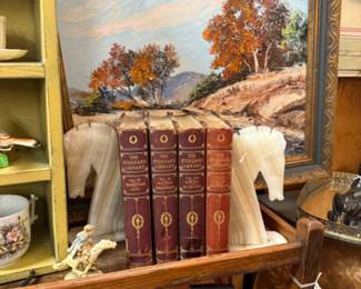 vintage books, marble book ends, oil painting
