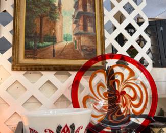 Pirate's Alley - New Orleans oil painting, beautiful red and clear glass swirl, vintage salt and pepper shakers