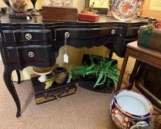 Black lacquered Louis XV style desk with 4 drawers and decorative silver hardware