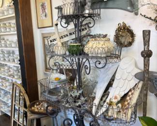 Vintage metal stand, bunny prints with checkered frames