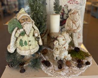 Vintage santas, white wood side table with drawers