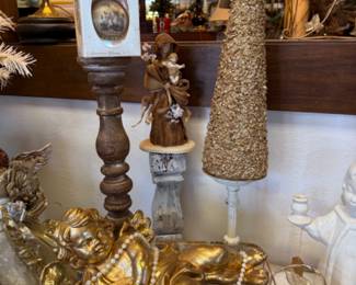 tall wooden candlestick, gold Christmas decor