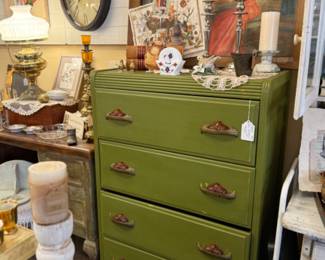 Green MCM 4 drawer dresser with original bakelite handles, framed art, clock