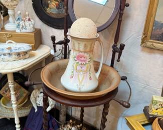 vintage wash stand with wash basin and pitcher