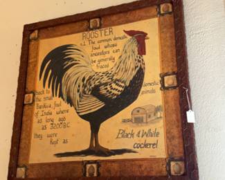Large Rooster painting framed with burlap & chicken wire