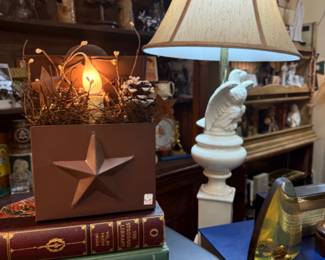 vintage books, lamps, books ends