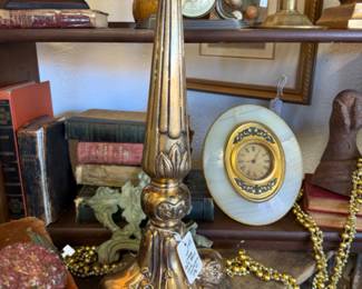Gorgeous large brass cast candlesticks, clock, vintage books, cat figurine