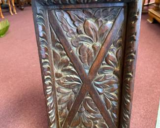 Hand-carved wooden tray with intricate, deep floral and arabesque carvings also made to hang