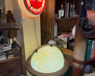 Vintage Coca Cola signage clock and beautiful lit globe