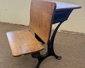Antique wood and cast iron desk with chair with folding seat