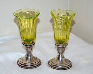 Antique Candleholders with Silver base and Uranium Glass top