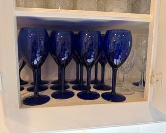 Cobalt blue wine, water and champagne flutes