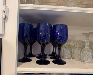 Cobalt blue wine, water and champagne flutes