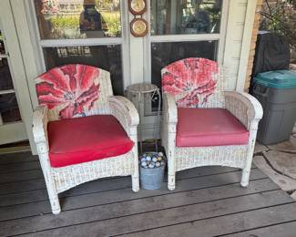 Great wicker chairs with wooden armrests