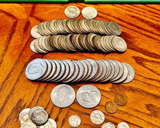 Nice selection of 90% silver dimes, quarters, & half dollars...and 40% silver Kennedy half dollars 1965-69, and Eisenhower dollars.