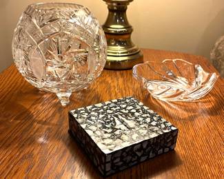 Cut crystal footed rose bowl, Mikasa crystal “swirl” bowl, mother of pearl inlay coaster set.