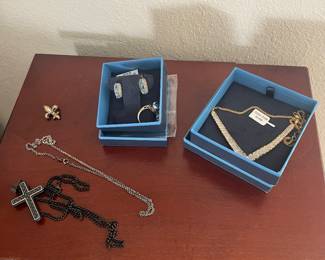 Gold over silver necklace. Aqua marine post earrings and ring