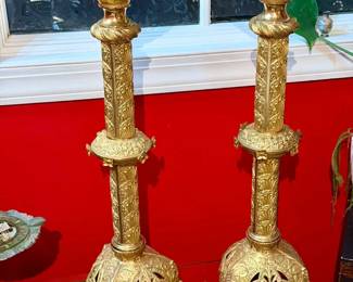 (2) HUGE Antique Brass Candlestick Holders