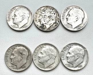 (6) Silver Roosevelt Dimes — Coins Dated 1946-1958