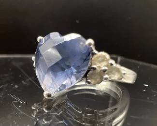 Sterling Silver Blue Sapphire Heart — White Topaz Accents — 925 Jewelry — Ring Size 5.5
