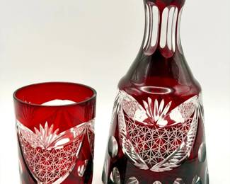 Bohemian ruby cut-to-clear glass decanter & Cup