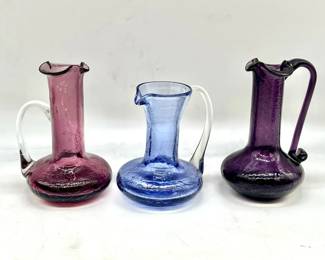 (3) Crackle Glass Pitchers in Violet & Blue