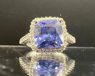 Sterling Silver Ring Stamped 925 with Cushion Cut Blue Gemstone with Sparkling Halo — Size 5.5