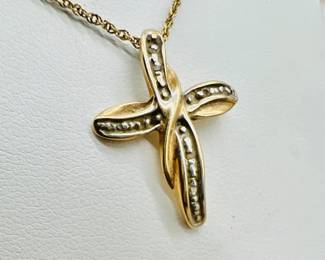 18” 14K Gold Chain & Gold Cross Pendant Jewelry with Tiny Diamond Chip