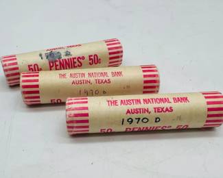 (3) Unsearched Coin Rolls of 1969-D & 1970-D Pennies