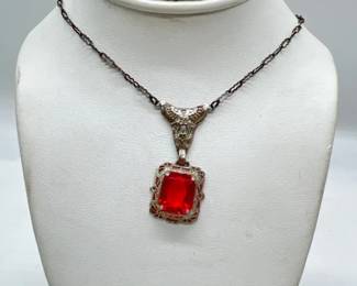 Sterling Silver Necklace with Delicate Filigree Pink Pendant