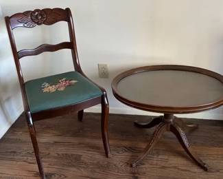Vintage Carved Wood Chair With Needlepoint Seat , Carved Wood Tea Tray Table Removable Glass Top