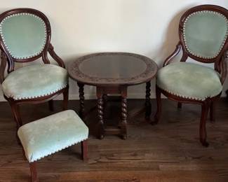Victorianstyle BalloonBacked Chairs and Stool with Carved Wood Gate Leg Drop Leaf Table
