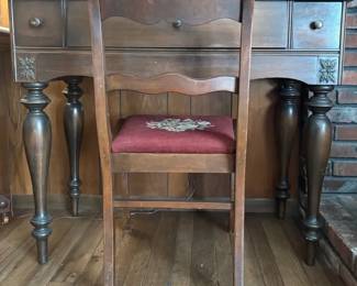 Vintage Dark Wood Desk Chair With Needle Point Seat