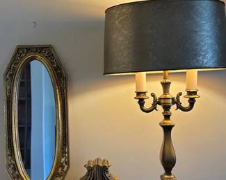Vintage Gold Tone Mirror, Metal Book Ends, Brass Lamp