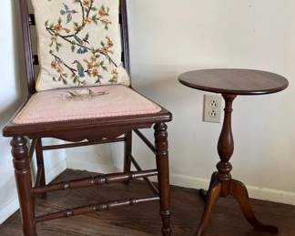 Vintage Carved Wood Chair with Needle Point Seat, Needle Point Pillow, Round Wood Side Table