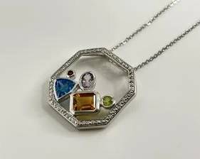 Sterling Silver with Diamond Accents & Semi Precious Stones Pendant Necklace - 18" (6.5 Grams)