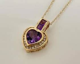 14K Gold with Diamonds & Amethyst Stones Heart Pendant Necklace - 18" (3.5 Grams)