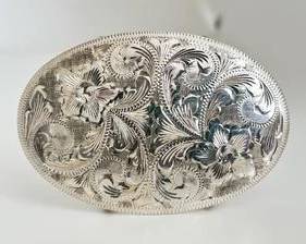 Vogt Brand Sterling Silver Oval Shaped with Etched Details Belt Buckle (46.3 Grams)
