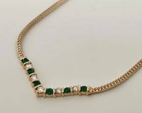 14K Gold with Emeralds & Diamonds V Design Necklace - 16" (6 Grams)