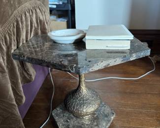 Tony Duquette Style Hollywood Regency Brass and Marble Low End Tables (2)