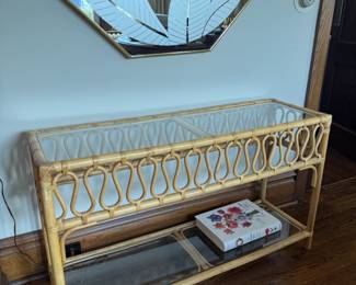 Vintage Glass Topped Ribbon Ripple Rattan Console Table