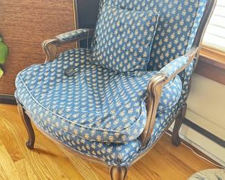 Country French Bergere chair, yellow and blue patterned fabric