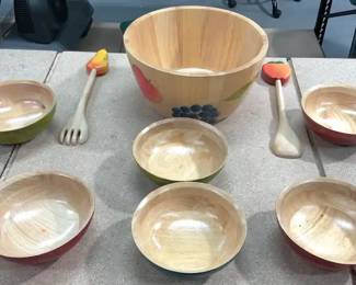 Vintage Clay Art Wooden Bowl Set with Utensils