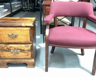 Burgundy Upholstered Captains Chair  Nightstand 
