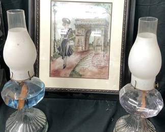 Framed Paris Illustration And 2 Clear Glass Oil Lamps